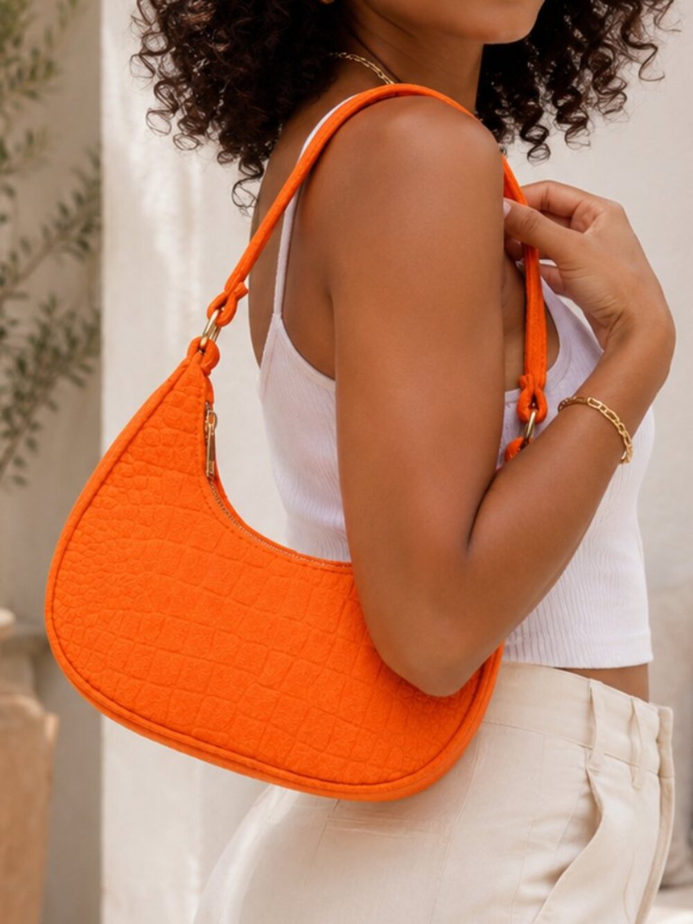 Orange Croc Embossed Felt Crescent Shoulder Bag Gold Hardware Mini Hobo NEW